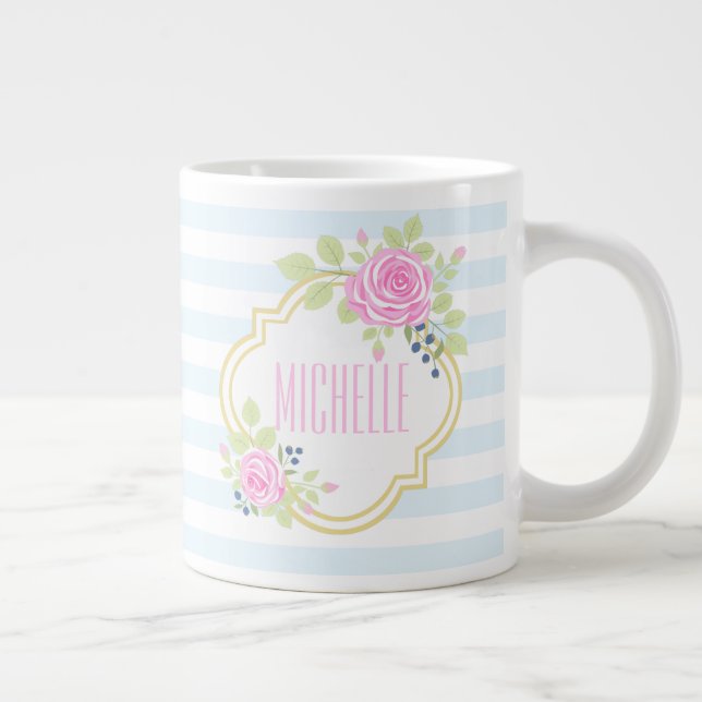 Grande Tasse Monogramme Fancy Roses Roses Roses Roses Blueberry (Droite)
