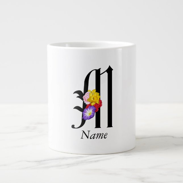Grande Tasse Monogramme floral personnalisé M + Nom (Devant)