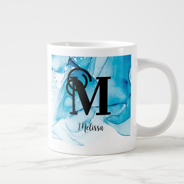 Grande Tasse Monogramme marbré bleu moderne (Droite)