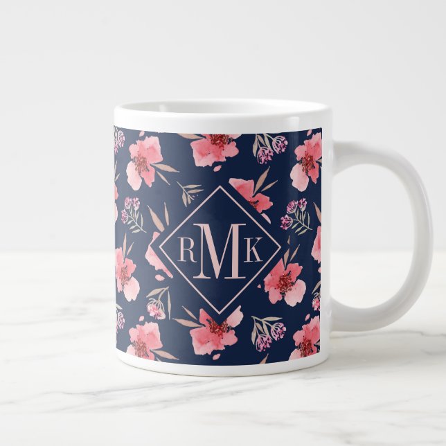 Grande Tasse Monogramme| Motif d'aquarelle rose foncé (Droite)