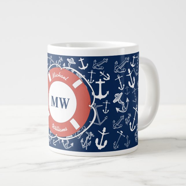 Grande Tasse Monogramme nautique Ancre bleu marine Motif (Devant droit)