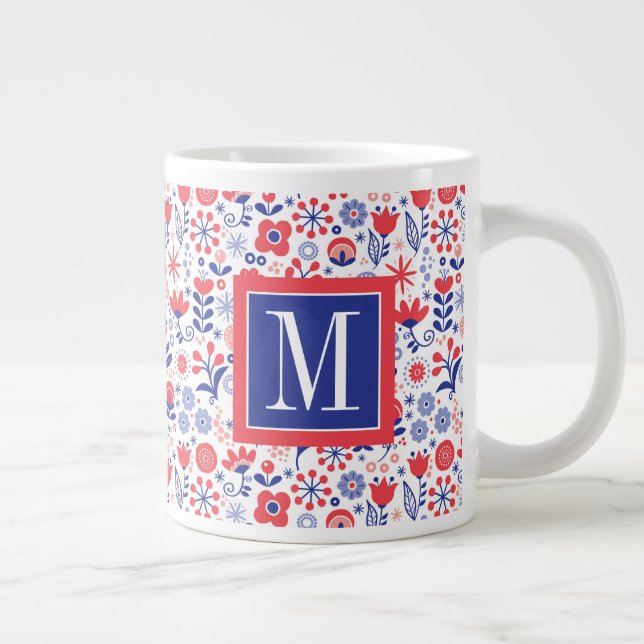 Grande Tasse Monogramme| Plan floral bleu et corail (Droite)