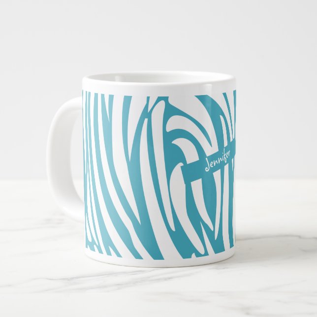 Grande Tasse Monogramme Turquoise rayé Zèbre motif tendance (Devant gauche)