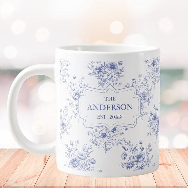 Grande Tasse Monogrammed Classic Blue Flowers Floral Pattern (In situ)
