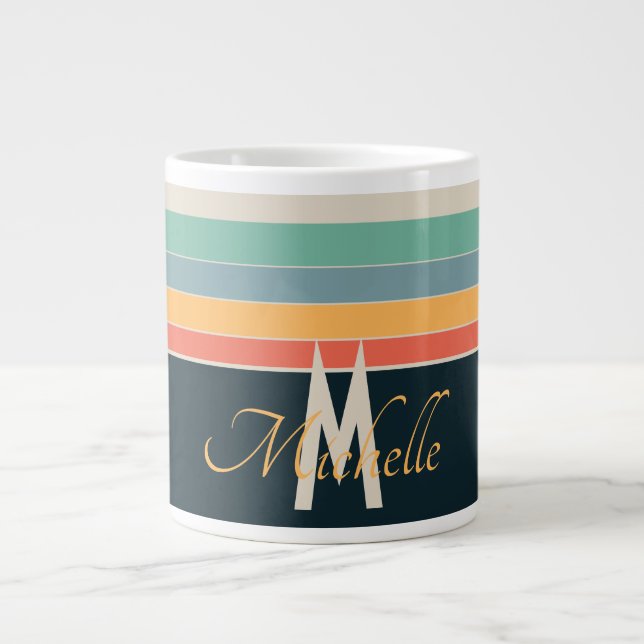 Grande Tasse monogrammed rétro les années 70 marine bleu jaune  (Devant)