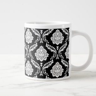 Grande Tasse Motif Damassé Rococo Blanc sur Fond Noir
