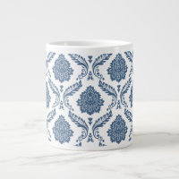 Motif Damassé Rococo Bleu sur Fond Blanc