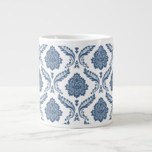 Grande Tasse Motif Damassé Rococo Bleu sur Fond Blanc