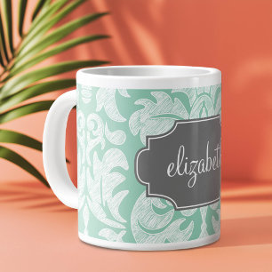 Grande Tasse Motif damassé vert menthe et gris avec nom personn