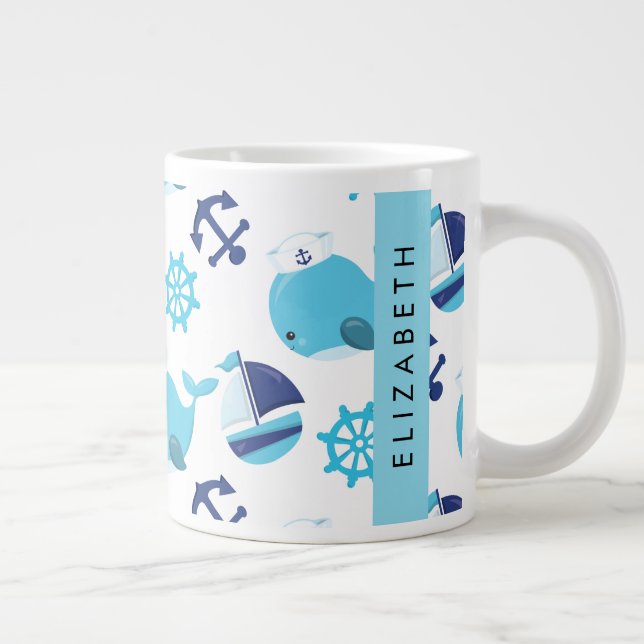 Grande Tasse Motif De Baleines, Baleines Bleues, Votre Nom (Droite)