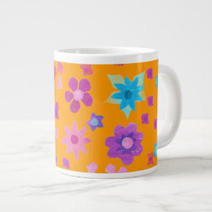 Grande Tasse Motif floral, multicolore sur orange vif