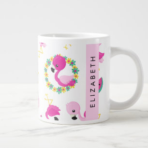 Grande Tasse Motif tropical, Flamants roses, Fleurs, Votre Nom
