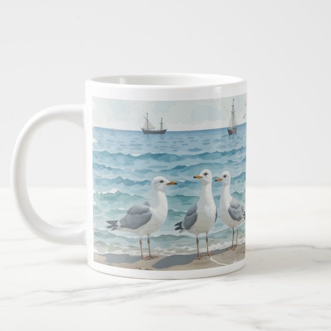 Grande Tasse Mouettes d'aquarelle à la plage Océan côtier (Gauche)