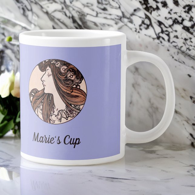 Grande Tasse Mucha Art Nouveau Femme Fleurs roses sur violet (Créateur téléchargé)