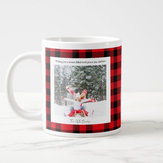 Grande Tasse Noël Photo Monogramme 2 Plaid Rouge Vert Rustique (Gauche)
