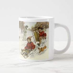 Grande Tasse Noël vintage, enfants victoriens faisant de la lug