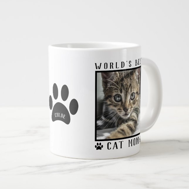 Grande Tasse Nom de Meilleure Maman de Chat au Monde Empreintes (Devant droit)