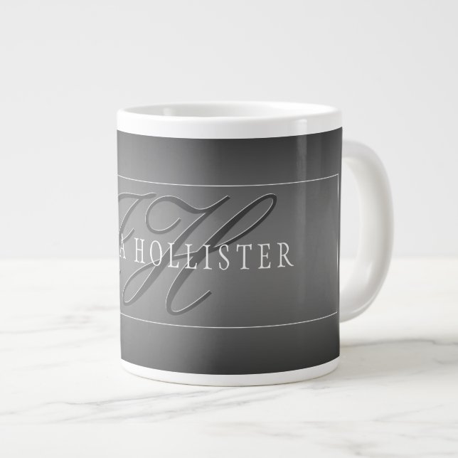 Grande Tasse Nom élégant & Initiales monogrammées | Noir & Gris (Devant droit)
