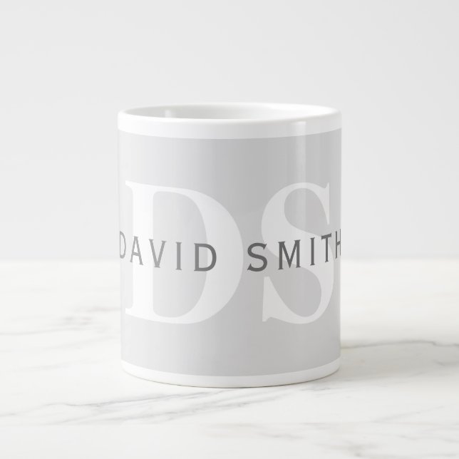 Grande Tasse Nom et monogramme modernes | Gris clair et foncé b (Devant)