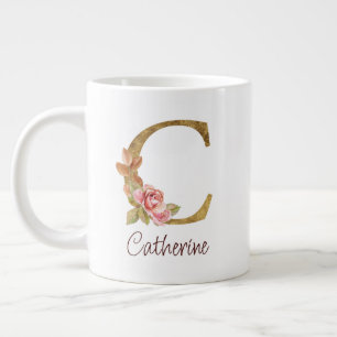 Grande Tasse Nom personnalisé Blush Rose Fleur Lettre C Or Feui