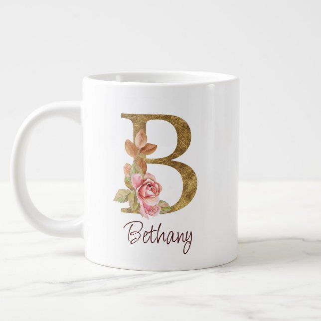 Grande Tasse Nom personnalisé Or Feuille Rose Blush Lettre B (Gauche)