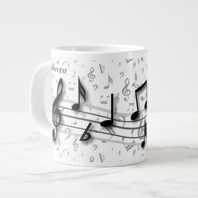 Grande Tasse Notes musicales personnalisées en noir et gris (Devant gauche)