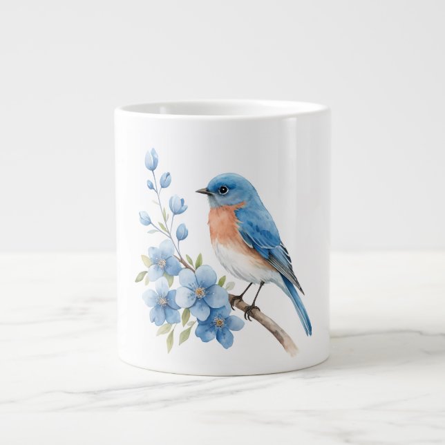 Grande Tasse Oiseau bleu avec des fleurs bleues (Devant)