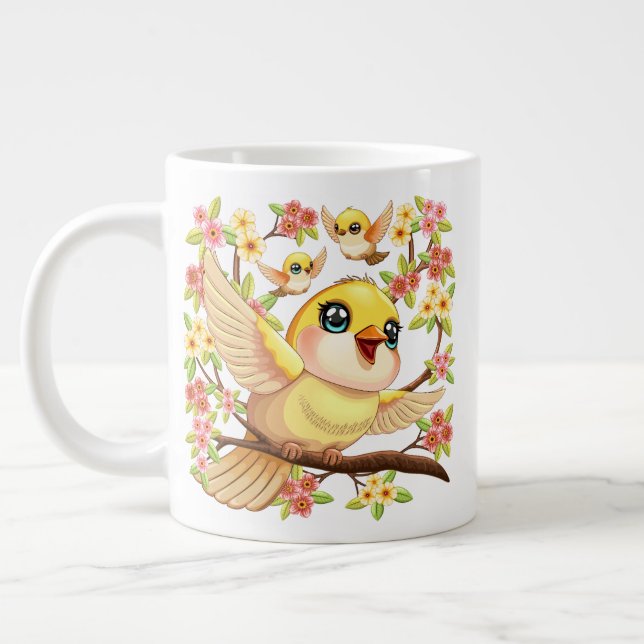 Grande Tasse Oiseaux mignons et heureux parmi les fleurs du pri (Gauche)