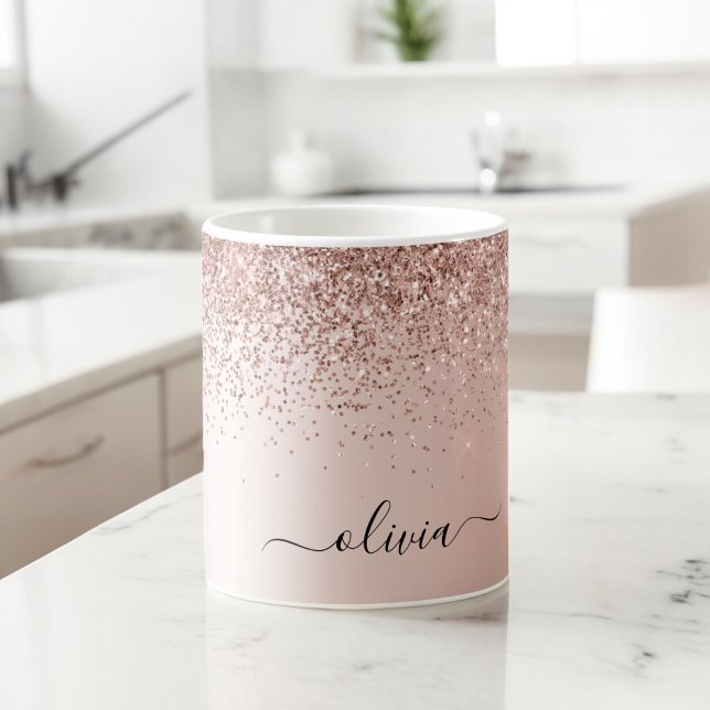 Grande Tasse Or Rose Gold - Monogramme Nom Pailleur Rose Blush (Créateur téléchargé)