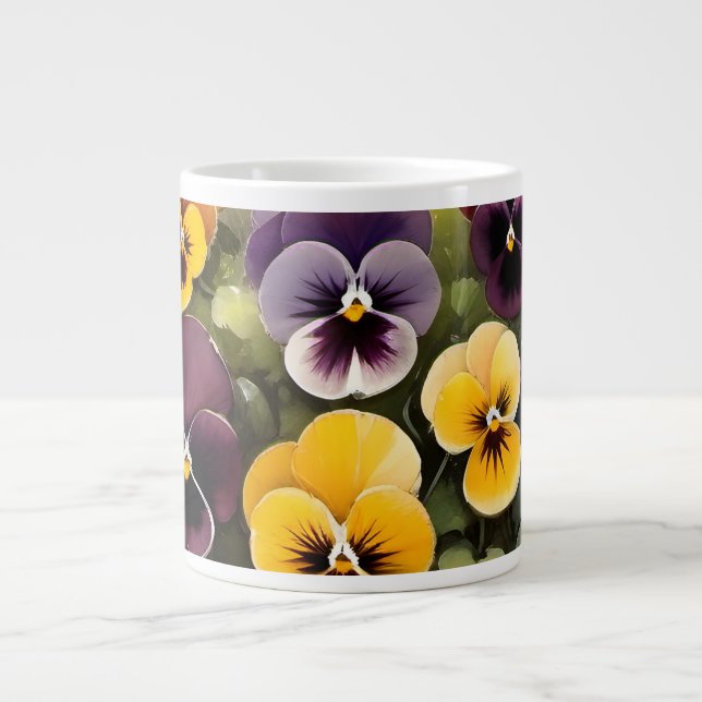 Grande Tasse Pansies jaunes et violets aquarelle (Devant)