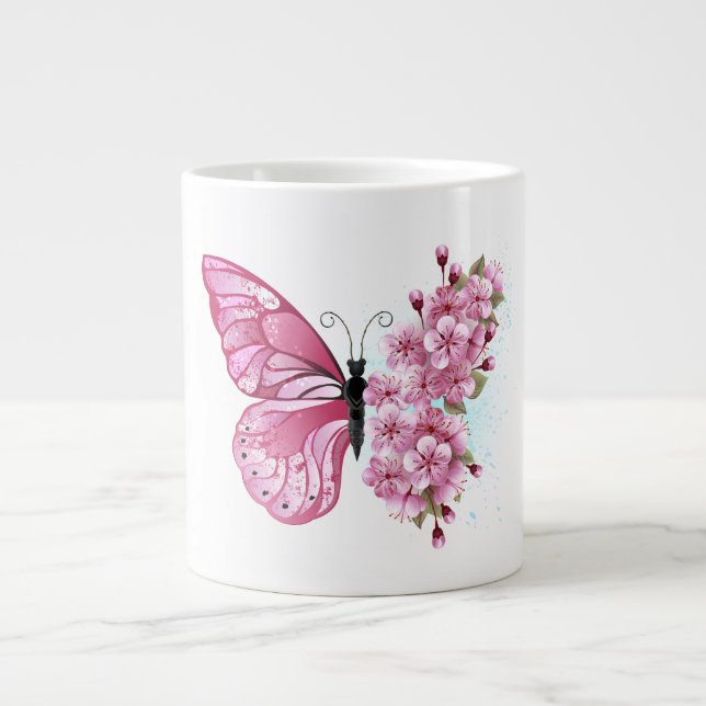 Grande Tasse Papillon à fleurs avec Sakura rose (Devant)
