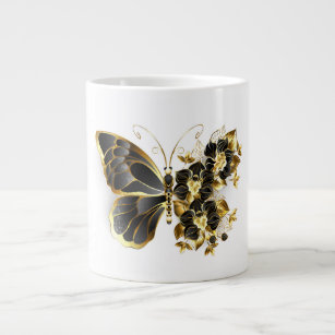 Grande Tasse Papillon à fleurs d'or avec orchidée noire