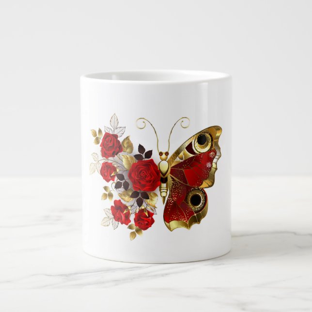 Grande Tasse Papillon de fleurs rouges aux roses rouges (Devant)