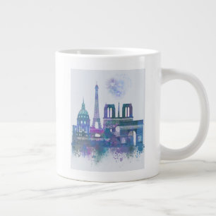 Grande Tasse Paris Skyline - Aquarelle bleu