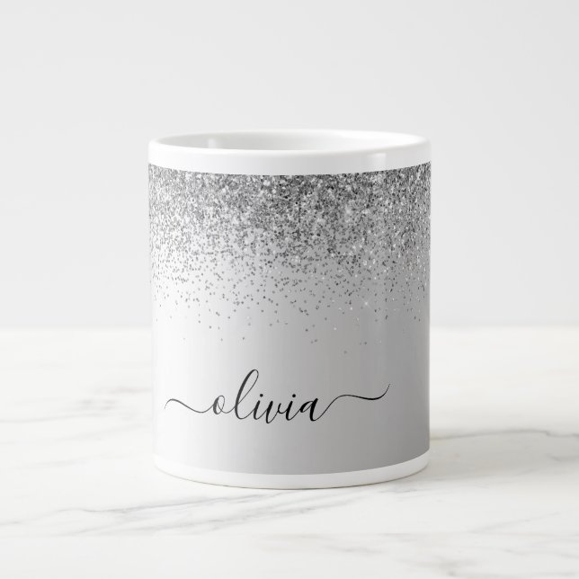 Grande Tasse Parties scintillant Monogramme Argent Sparkle Girl (Devant)