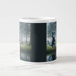 Grande Tasse Petit chat bleu pêcheur Calme Lac Aquarelle