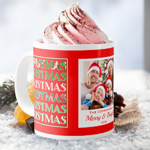 Grande Tasse Photo de famille de Noël festive rétro rouge