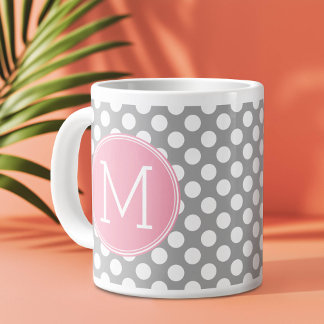 Grande Tasse Pois Pastel rose et gris avec monogramme personnal
