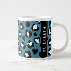 Grande Tasse Poster de animal, Léopard Bleu, Coeurs, Votre Nom