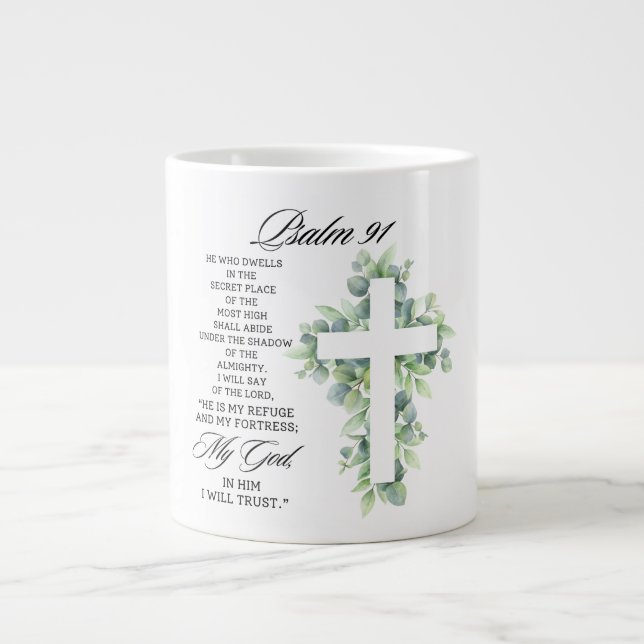 Grande Tasse Psaume 91:1-2 Croix religieuse de verdure Verset b (Devant)