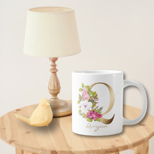Grande Tasse Q Lettre or Monogramme rose blanc magenta Floral