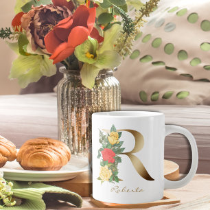 Grande Tasse R Lettre or Monogramme jaune rouge roses florales