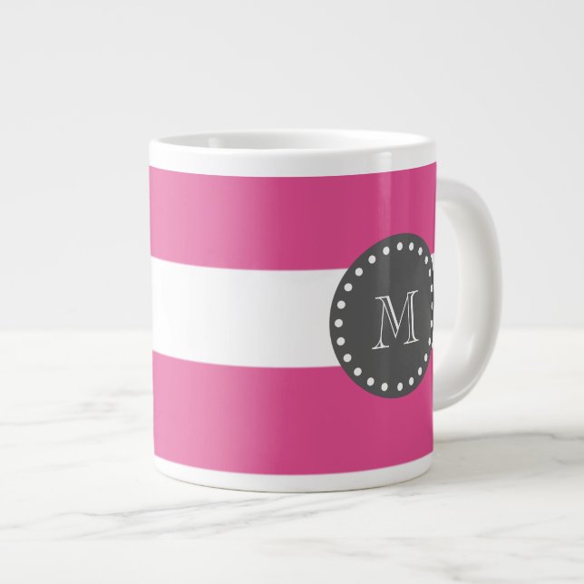 Grande Tasse Rayures blanches motif, monogramme de roses indien (Devant droit)