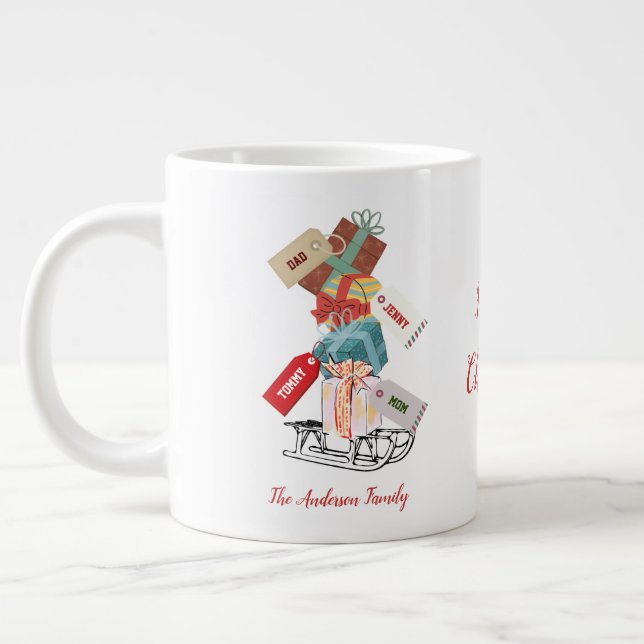 Grande Tasse Red Green Family Winter Sleigh Modern Christmas (Gauche)