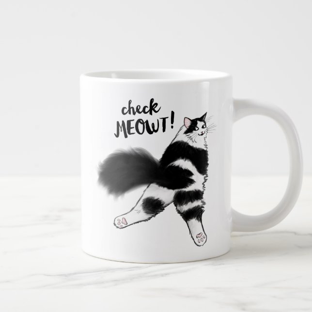 Grande Tasse Regarde Meowt ! Amusant noir et blanc flot de chat (Droite)