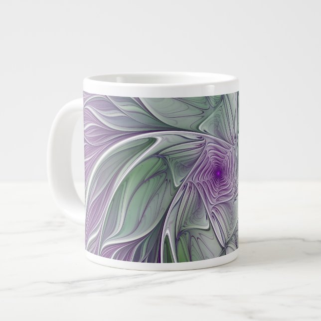Grande Tasse Rêve de fleurs, Abstrait violet vert Fractal Art (Devant gauche)