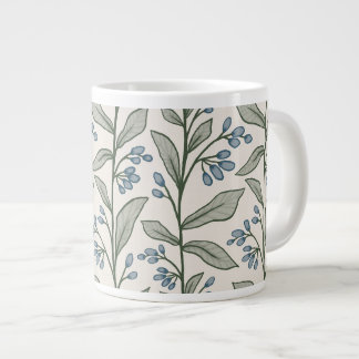 Grande Tasse Rêverie Botanique Fleurs Bleues Feuilles Vertes Ar