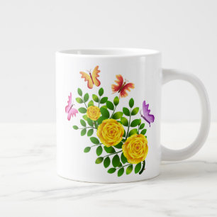 Grande Tasse Roses Et Papillons Jaunes
