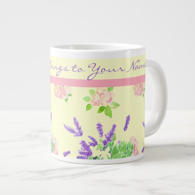 Grande Tasse Roses, Lavande, Faux Motif d'aquarelle orange (Devant droit)