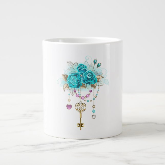 Grande Tasse Roses Turquoise avec Clés (Devant)